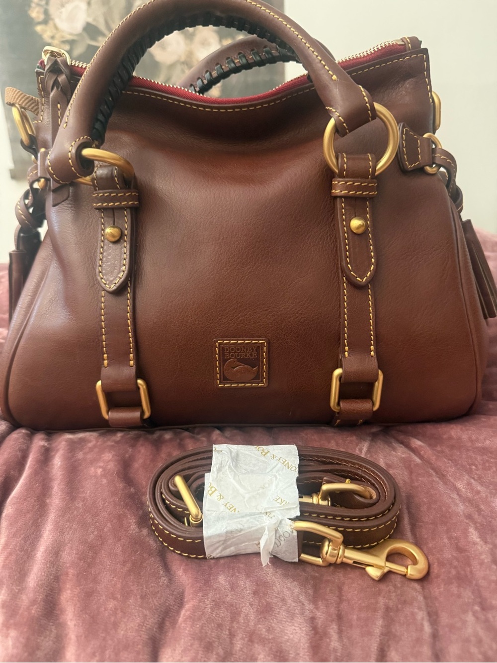 Dooney & Bourke Chestnut Brown Leather Florentine Satchel with Gold Hardware